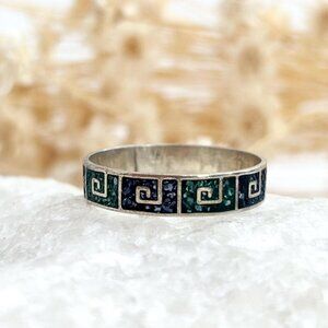Mexican Made Mosaic Turquoise Inlaid Vintage Sterling Geometric Ring - sz 7.25